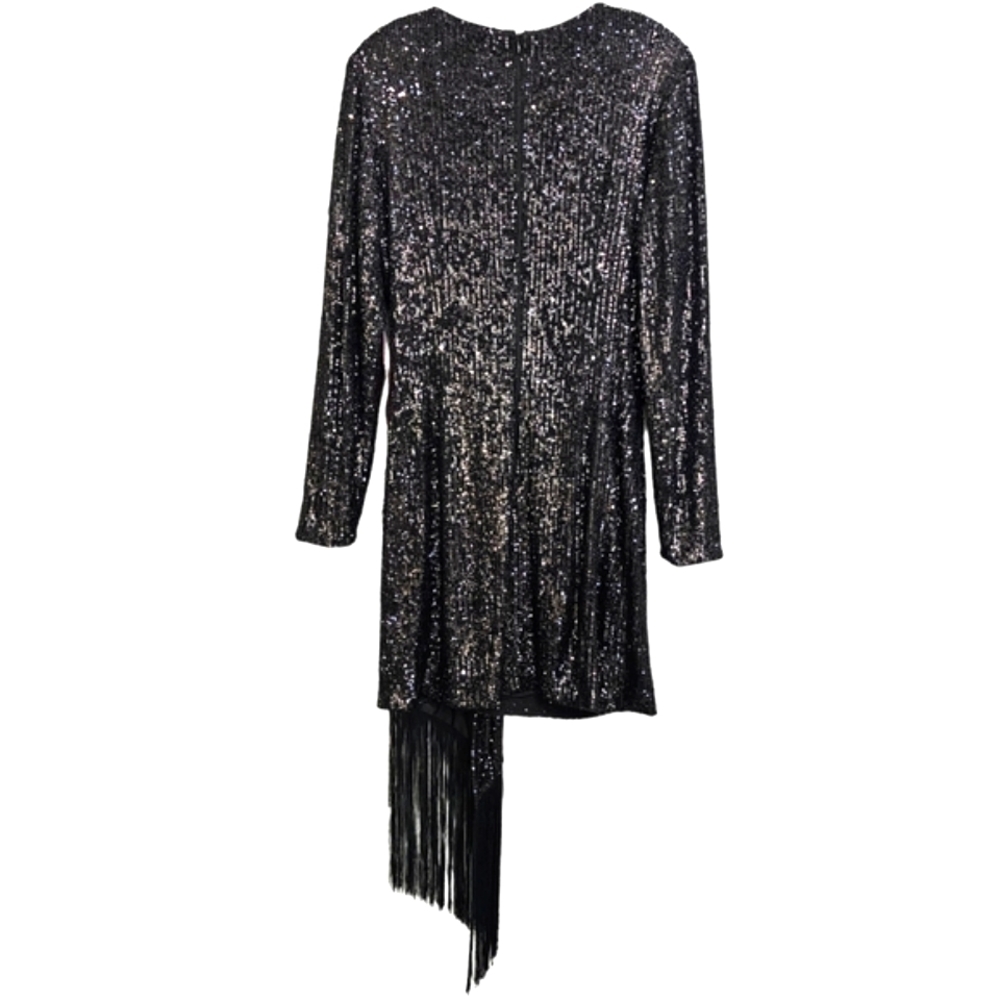 Nwt Belle Badgley Mischka Black Sequin Longsleeve Harley Long Fringed Sa… - Picture 5 of 17